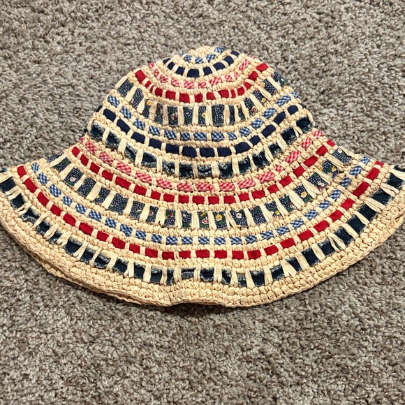 Free People Accessories - “Quilted” + Straw Bucket Hat with Red and Navy Ribbon